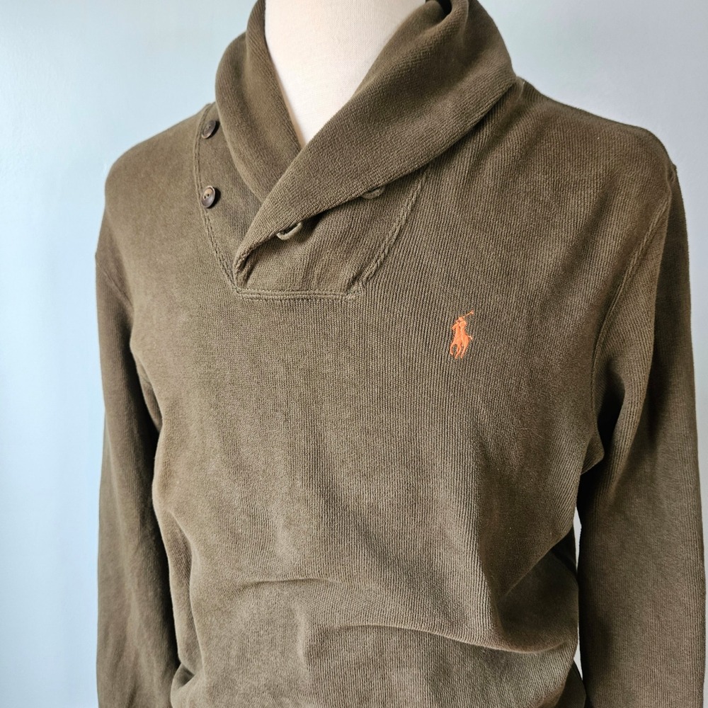 Vtg 90s Polo Ralph Lauren Olive Green Shawl Collar Cotton Pullover Sweater Large - Picture 2 of 6